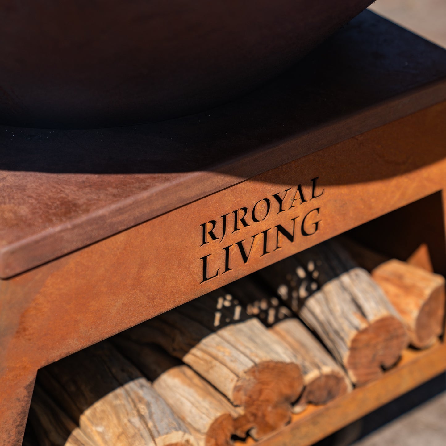 BBQ Plancha Grill Brasero Corten steel fire pit with Cooking plate Ø80cm and Mesa (wooden ring) large wheels, wood storage