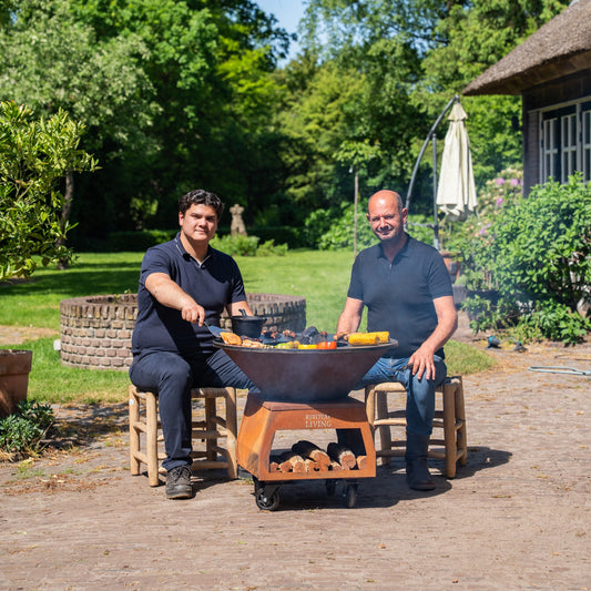 BBQ Plancha Grill Brasero Corten steel fire bowl with large wheels, wood storage and Cooking Plate Ø80cm