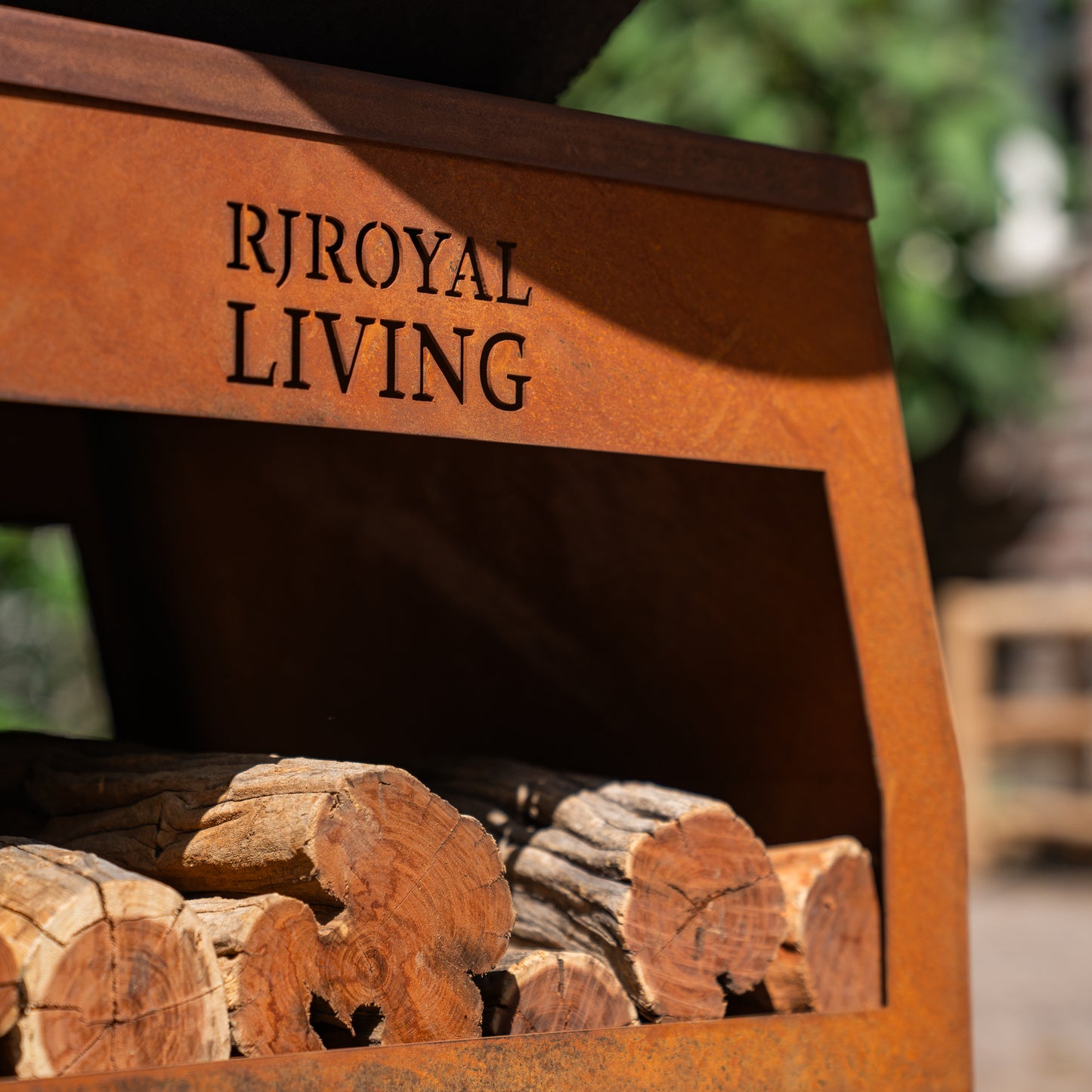 BBQ Plancha Grill Brasero Corten steel fire pit with Cooking plate Ø80cm and Mesa (wooden ring) large wheels, wood storage