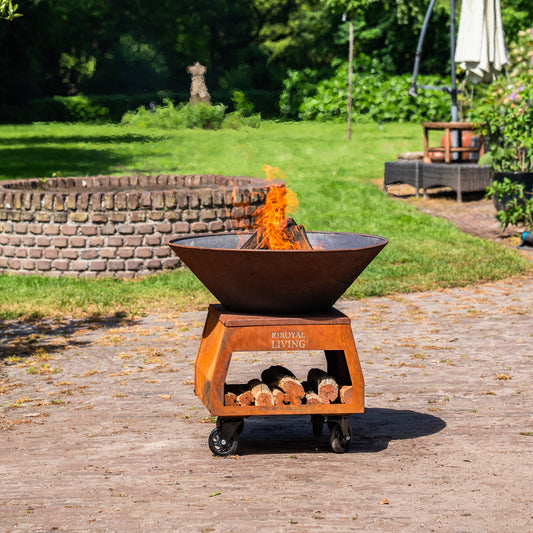 BBQ Plancha Grill Brasero Corten steel fire pit with large wheels and wood storage Ø75cm